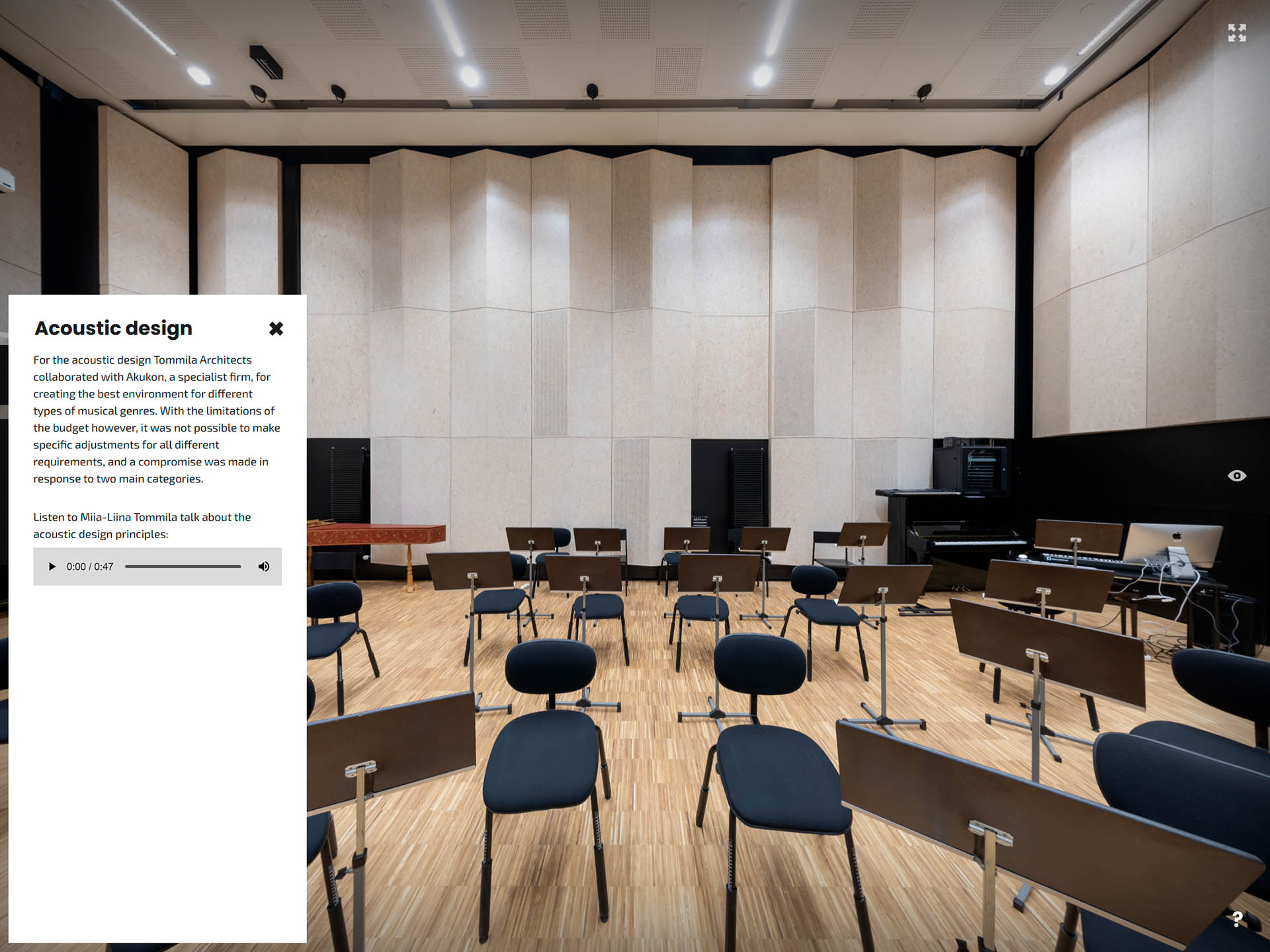 Screenshot from Virtual tour showing Performance hall at Soiva, Metropolia University, Helsinki