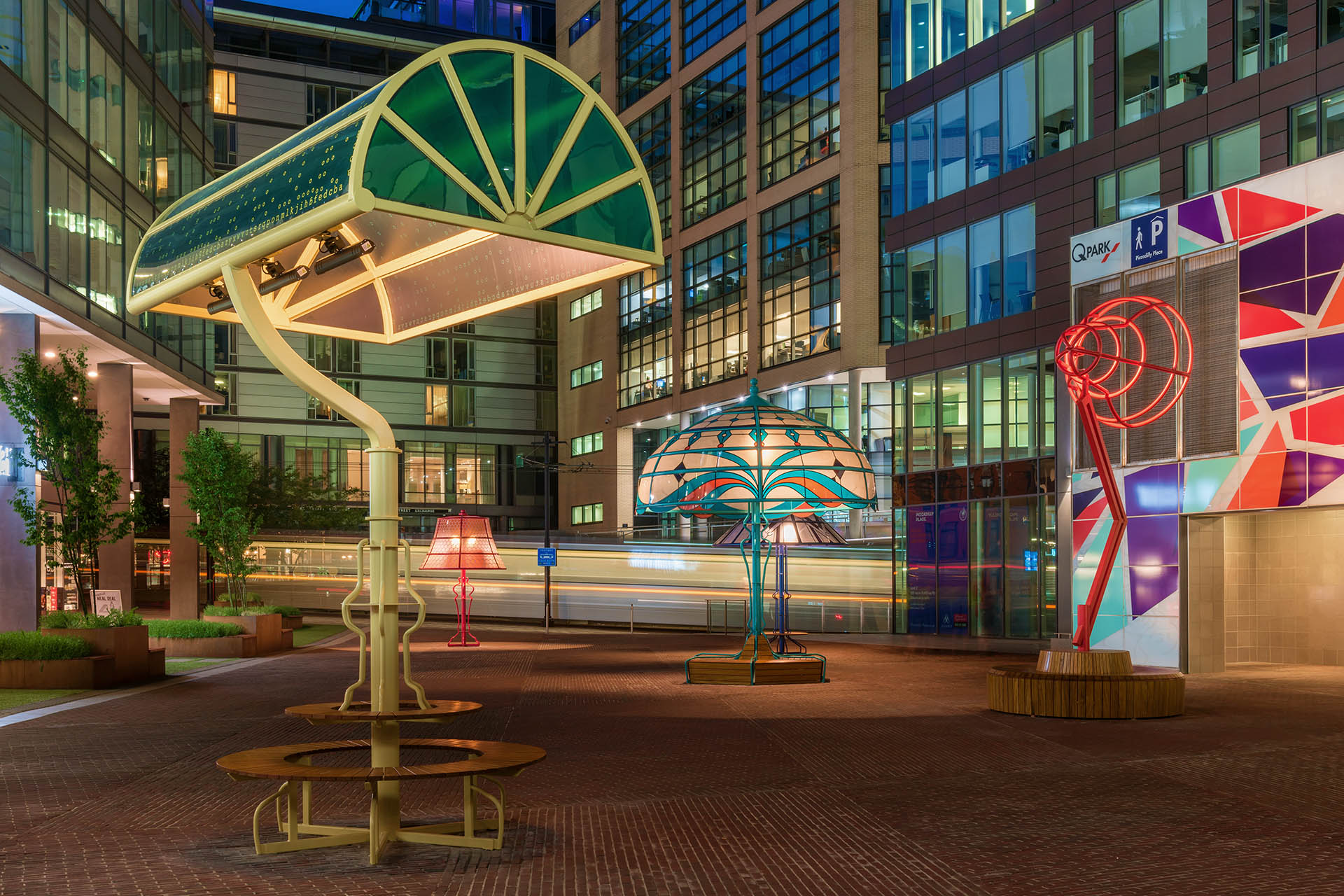 Giant lamps at Manchester Piccadilly, art installation by Acrylicize