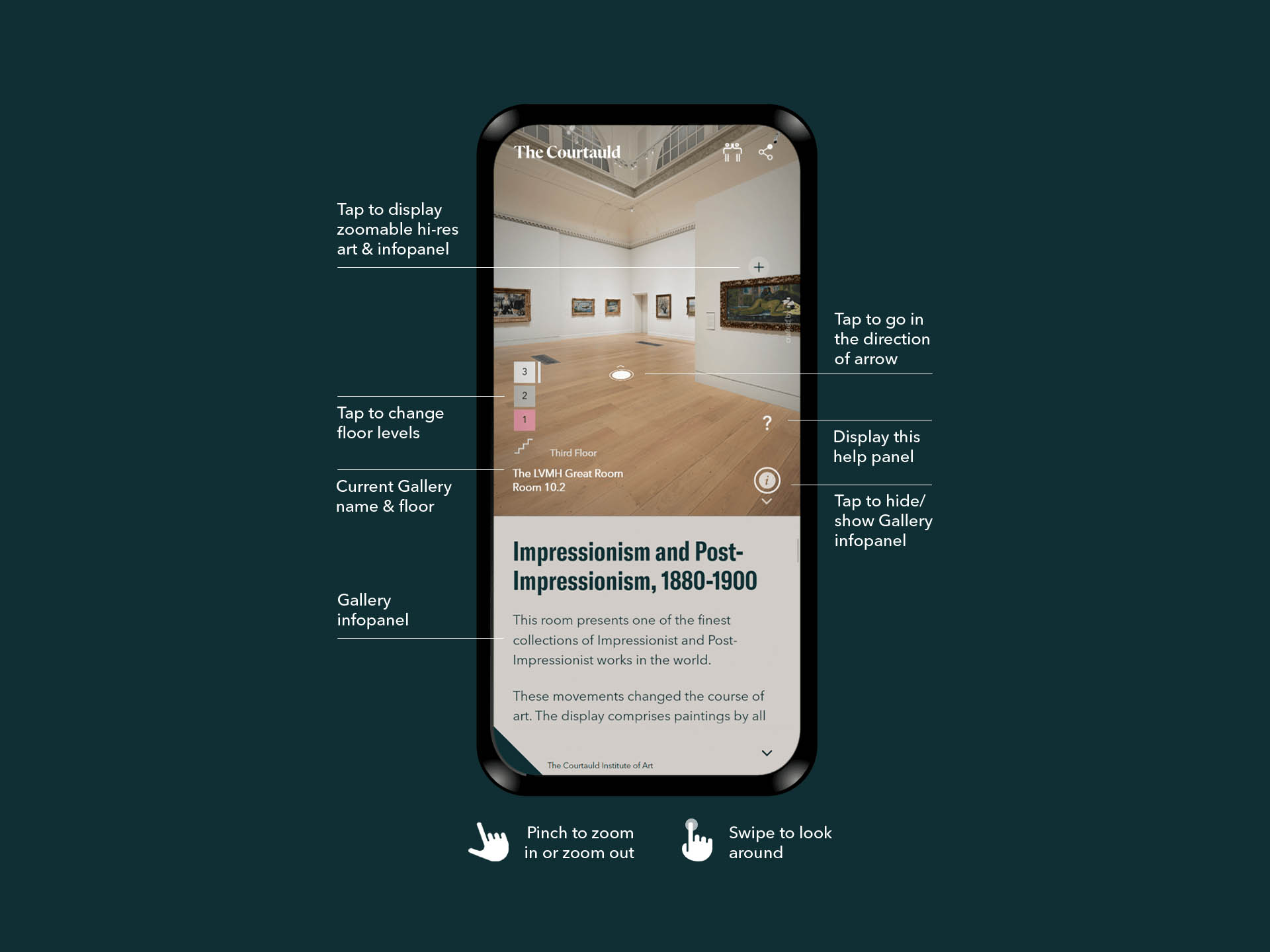 Courtauld Permanent Galleries Virtual tour UI on Mobile